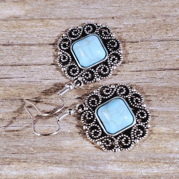 Filigree Rhombus Turquoise Blue Stone Silver Dangle Earrings - Picture 1 of 5